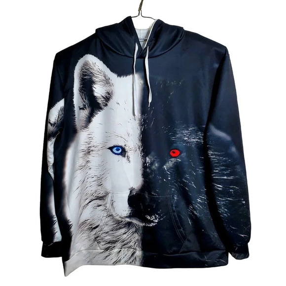 Wolf Duality 3D Fashion Hoodie With Blue & Red Eyes Graphic 4XL Pull Over - Picture 1 of 6